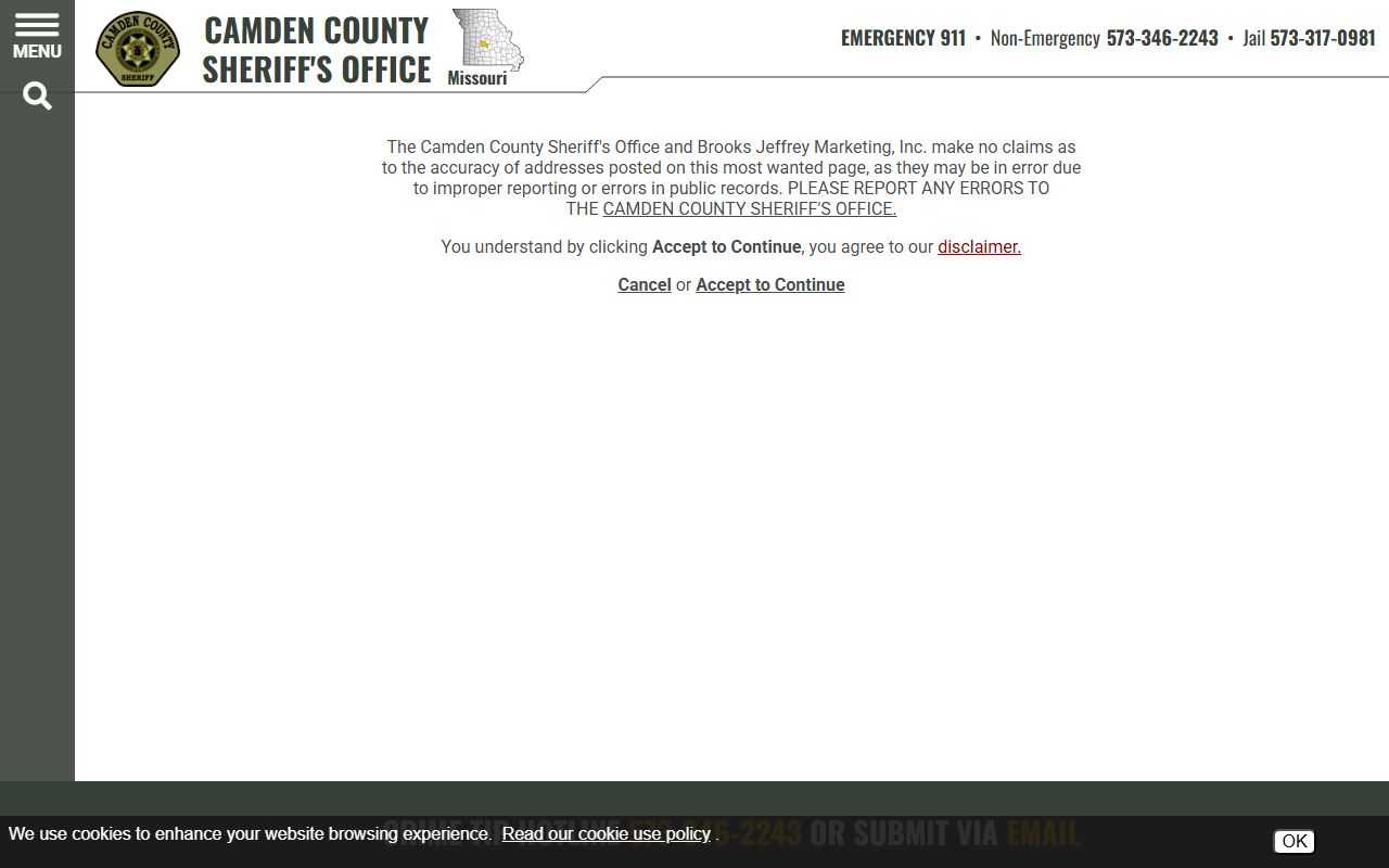 Camden County warrant records Most Wanted disclaimer
